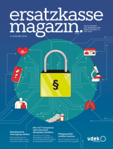 Titelseite vdek ersatzkasse magazin. Ausgabe 5/2026 mit Illustration zu digitalen Daten im Gesundheitswesen: Sicherheitsschloss und Gesundheitssymbole
