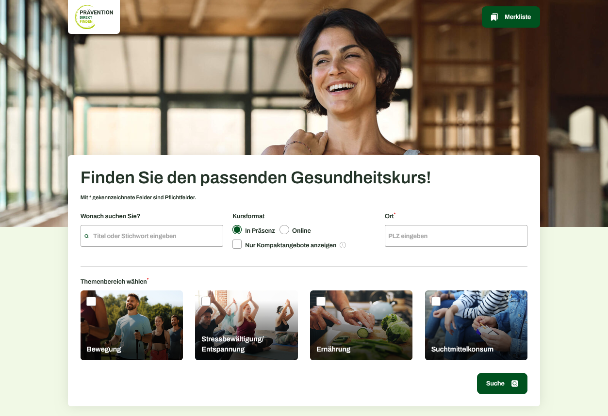 Screenshot der Homepage PRÄVENTION DIREKT FINDEN zur Suche nach Gesundheitskursen mit Filtermöglichkeiten und verschiedenen Kurskategorien.