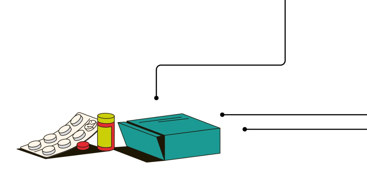 Illustration von Medikamenten beziehungsweise deren Verpackung: ein Blister, eine Dose, eine Faltschachtel
