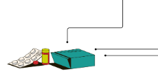 Illustration von Medikamenten beziehungsweise deren Verpackung: ein Blister, eine Dose, eine Faltschachtel