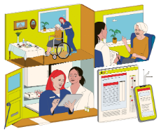 Illustration zu Pflege und Digitalisierung: Pflegekräfte betreuen ältere Menschen zu Hause und nutzen dabei digitale Anwendungen auf Tablet, Computer und Smartphone.