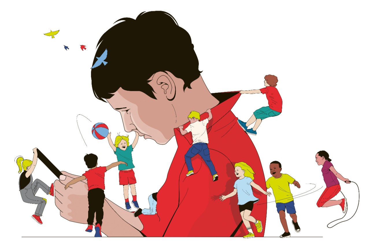 Illustration eines Kindes mit Smartphone im Vordergrund, umgeben von Kindern bei verschiedenen Sport- und Bewegungsaktivitäten.