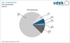 Säulendiagramm zeigt die Zahl der gesetzlichen Krankenkassen nach Kassenarten zum 1. Januar 2024