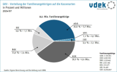 Kreisdiagramm zeigt die Verteilung der Familienangehörigen nach Kassenarten in Prozent und in Millionen 2024/07 