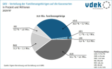 Kreisdiagramm zeigt die Verteilung der Familienangehörigen nach Kassenarten in Prozent und in Millionen 2025/07 
