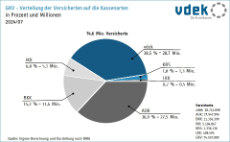 Das Kreisdiagramm zeigt die Verteilung der Versicherten auf die Kassenarten in Prozent und in Millionen 2024/07