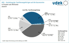Kreisdiagramm zeigt die Verteilung der Familienangehörigen nach Kassenarten in Prozent und in Millionen 2026/07 