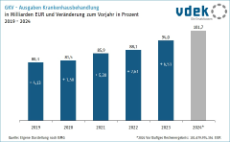 Säulendiagramm zeigt die Entwicklung der Ausgaben Krankenhausbehandlung in Milliarden Euro und Veränderung zum Vorjahr in Prozent von 2019 - 2024 