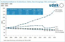 Darstellung zeigt die Entwicklung der Krankenhausindikatoren Krankenhäuser, Betten, Berechnungstage, Fälle und Ausgaben von 2004 - 2024
