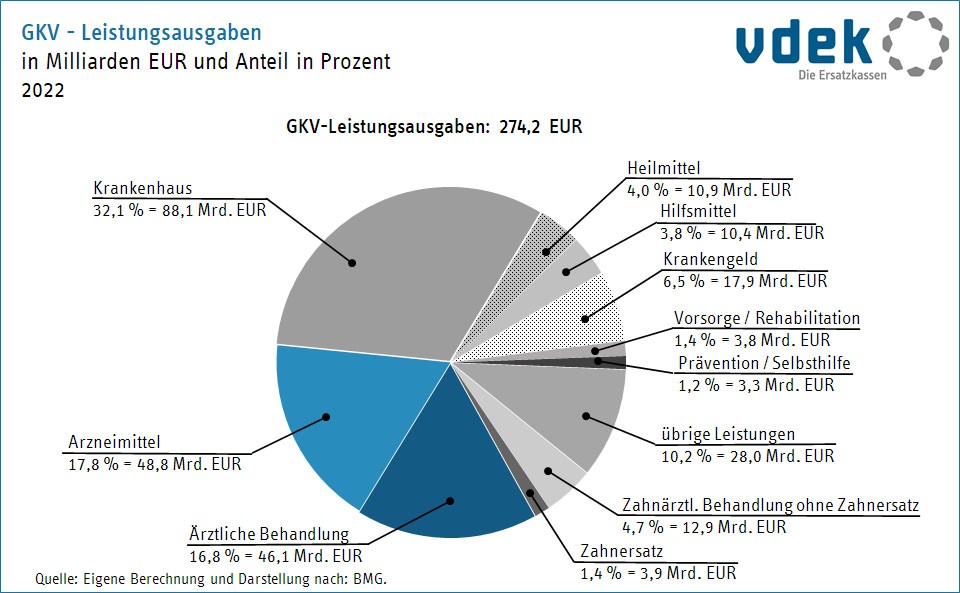 Kreisdiagramm zeigt die wichtigsten GKV-Leistungsausgaben 2021