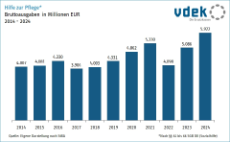 Säulengrafik zeigt Bruttoausgaben für Hilfe zur Pflege in Millionen Euro von 2014 bis 2024