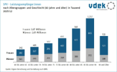 Säulengrafik zeigt SPV-Leistungsempfänger:innen nach Altersgruppen und Geschlecht (60 Jahre und älter) in Tausend 2025/12