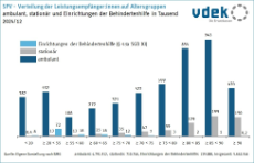 Säulendiagramm zeigt die Verteilung der SPV-Leistungsempfänger auf Altersgruppen in der ambulanten und stationären Pflege und in Einrichtungen der Behindertenhilfe 2024/12