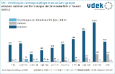 Säulendiagramm zeigt die Verteilung der SPV-Leistungsempfänger auf Altersgruppen in der ambulanten und stationären Pflege und in Einrichtungen der Behindertenhilfe 2025/12