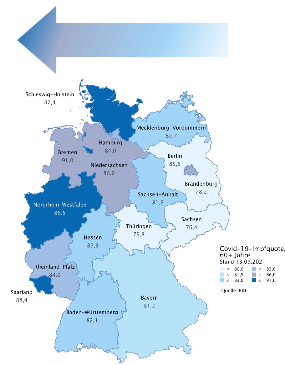 COVID-19-Impfquote bei über 60-Jährigen, Stand: 13.09.2021 COVID-19-Impfquote bei über 60-Jährigen, Stand: 13.09.2021