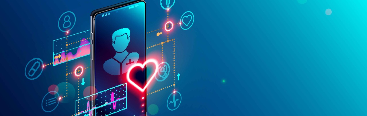 Symbolbild Online-Tele-Medizin: Smartphone mit Gesundheits-Icons