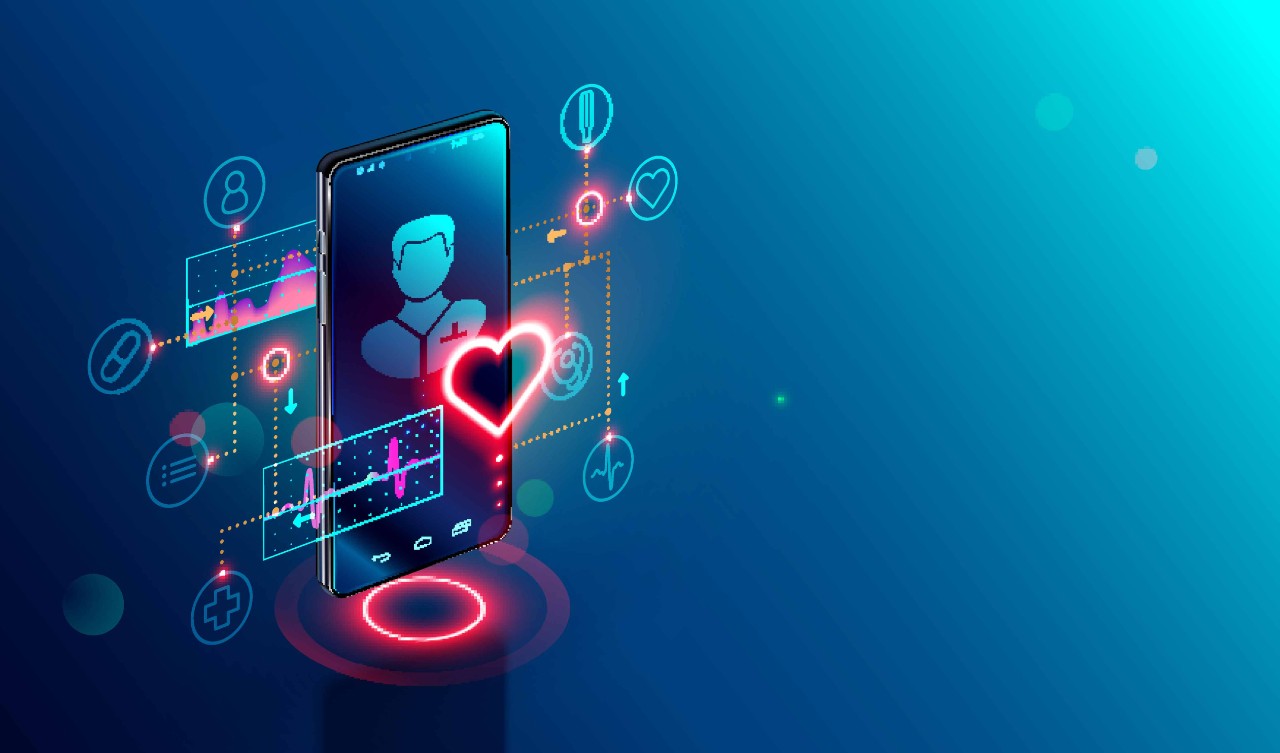 Symbolbild Online-Tele-Medizin: Smartphone mit Gesundheits-Icons