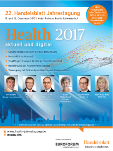 Veranstaltung: Health 2017 am 11. und 12. Dezember in Berlin Programm der 22. Handelsblatt Jahrestagung 11. und 12. Dezember 2017