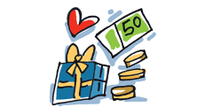 Illustration: Ein liebevoll verpacktes Geschenk und etwas Geld