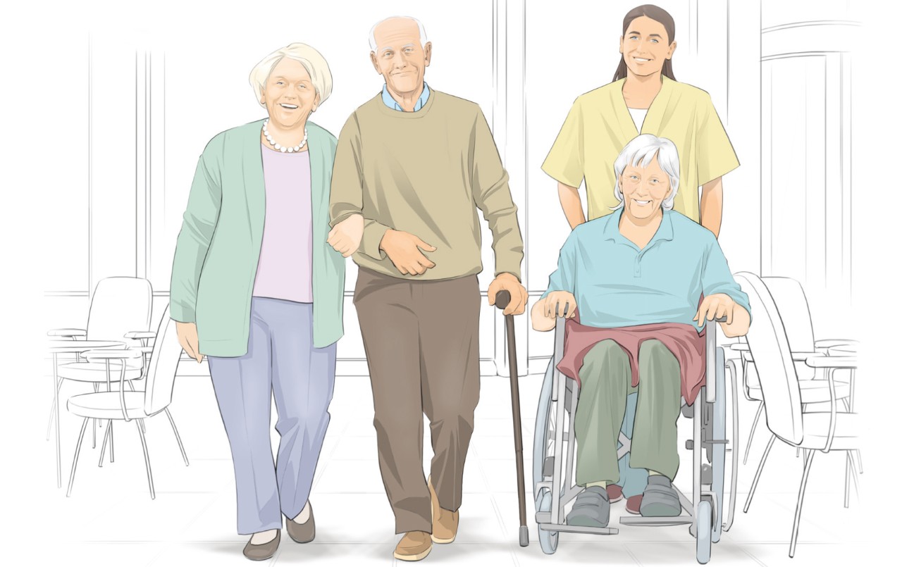 Illustration: Drei fröhliche Senioren und eine Pflegerin in einem Seniorenwohnheim