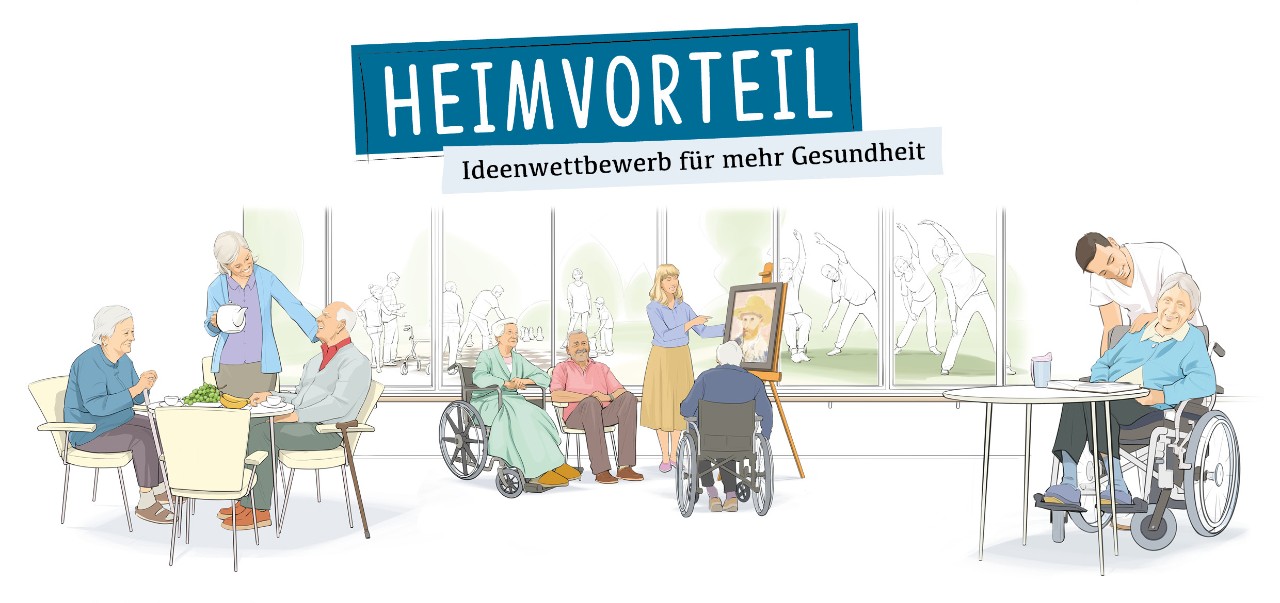 Illustration: Eine Szene mit der Überschrift "Heimvorteil" zeigt den Alltag fröhlicher, aktiver Senioren in einem Seniorenheim