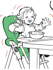 Illustration: Kind wackelt mit dem Kinderstuhl am Frühstückstisch