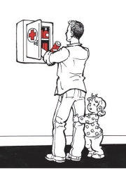 Illustration: Mann steht vor einem Notfallschränkchen, ein kleines Kind umarmt sein Bein