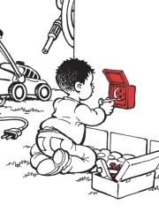 Illustration: Kleines Kind spielt draußen mit dem Schraubenzieher an einer Steckdose