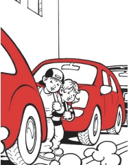 Illustration: Zwei kleine Kinder spielen zwischen parkenden Autos auf der Straße
