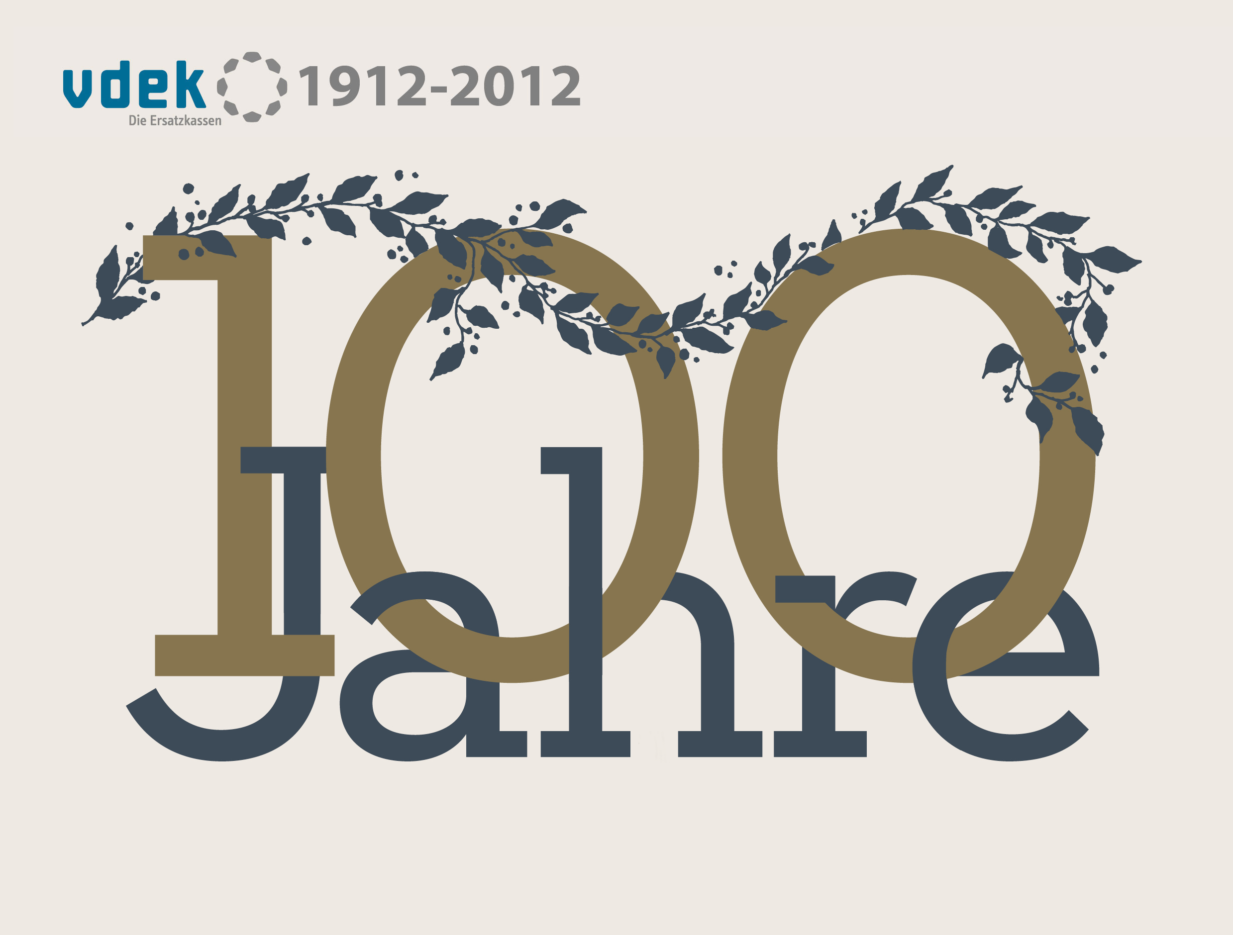 "100 Jahre vdek: 1912-2012", golden-blauer Schriftzug auf beigem Hintergrund