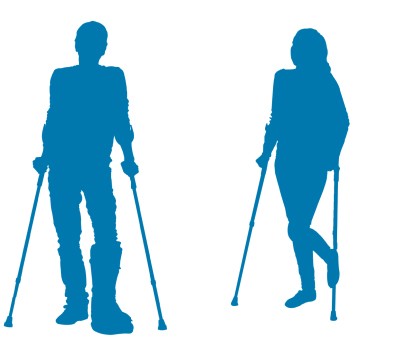 Illustration: Silhouette eines Mannes mit Gipsbein und Krücken und einer Frau mit Krücken