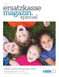 Cover des ersatzkasse magazin. spezial zum vdek-Zukunftspreis 2014. Coverbild: Vier kleine Kinder liegen sternförmig auf einer Wiese.