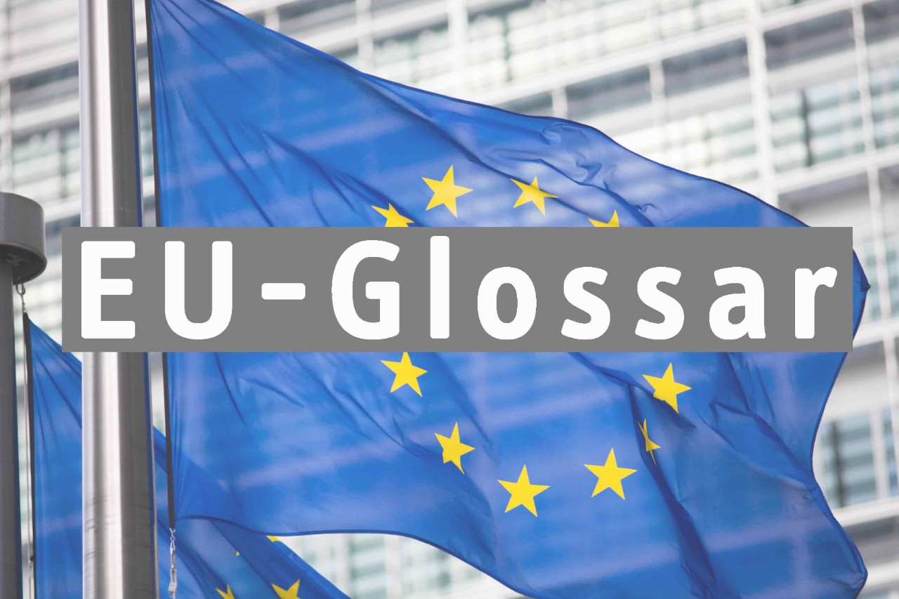 EU-Flagge vor Berlaymont-Gebäude Brüssel, Schriftzug: EU-Glossar