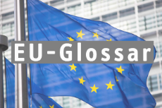 EU-Flagge vor Berlaymont-Gebäude Brüssel, Schriftzug: EU-Glossar