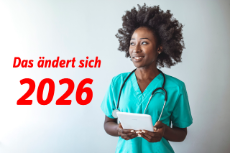 Ärztin hält digitales Tablet, Schrifzug: Das ändert sich 2026
