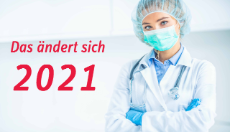 Ärztin mit steriler Kleidung (Kittel, Kopfhaube, Handschuhe, Maske), Schriftzug: Das ändert sich 2021