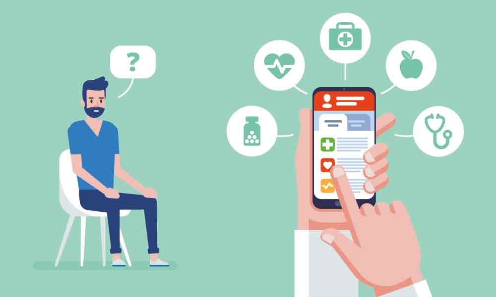 Grafik digitale Gesundheitsversorgung: Arzt mit Smartphone-Apps vor Patient