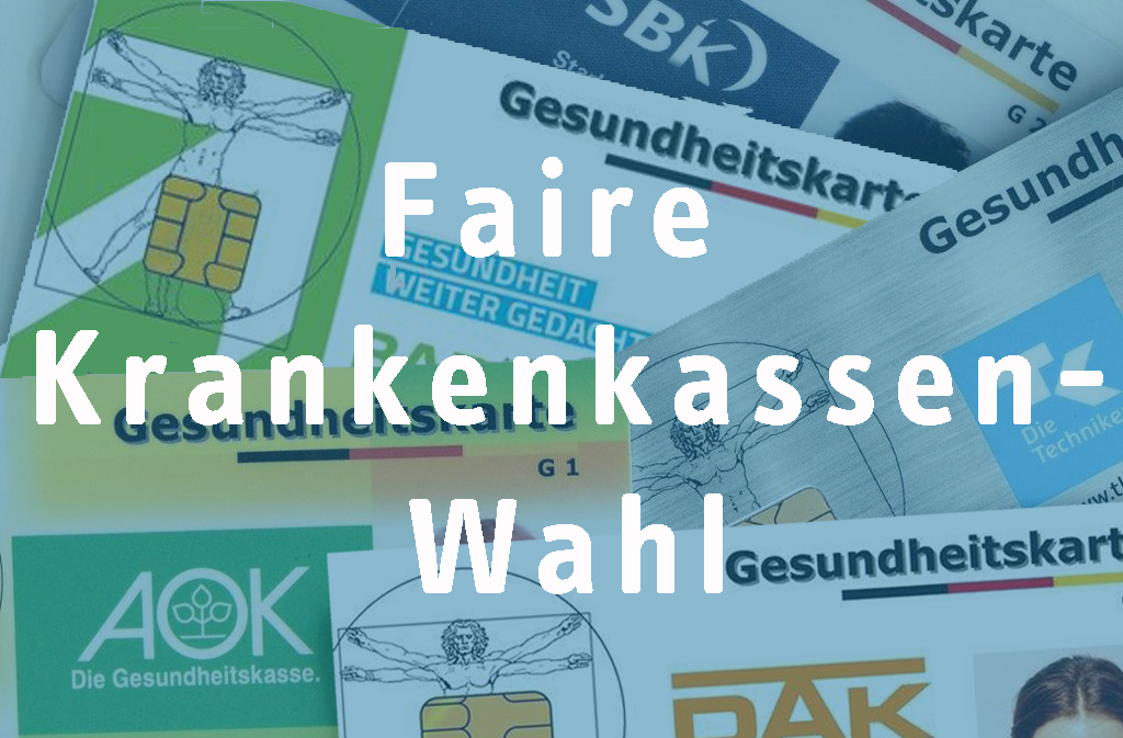 Gesundheitskarten verschiedener Krankenkassen, davor Schriftzug: Faire Krankenkassenwahl