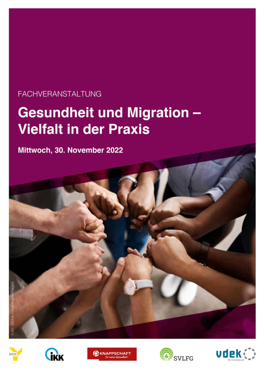 Titelblatt der Einladung zur Veranstaltung Gesundheit und Migration - Vielfalt in der Praxis. Hände bilden Kreis