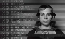 Portrait einer junge Frau, daneben eine Krankheitsliste mit jeweiliger Altersangabe