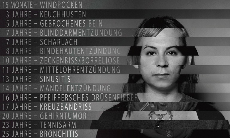 Portrait einer junge Frau, daneben eine Krankheitsliste mit jeweiliger Altersangabe