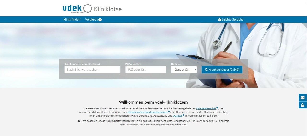 Screenshot der Webseite vdek-Kliniklotse