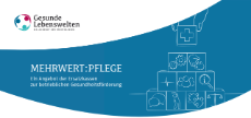 Logo MEHRWERT:PFLEGE, Bild: Hand baut Pyramide aus Würfeln mit Gesundheitsmotiven, Text: Gesunde Lebenswelten - MEHRWERT:PFLEGE - Ein Angebot der Ersatzkassen zur betrieblichen Gesundheitsförderung 