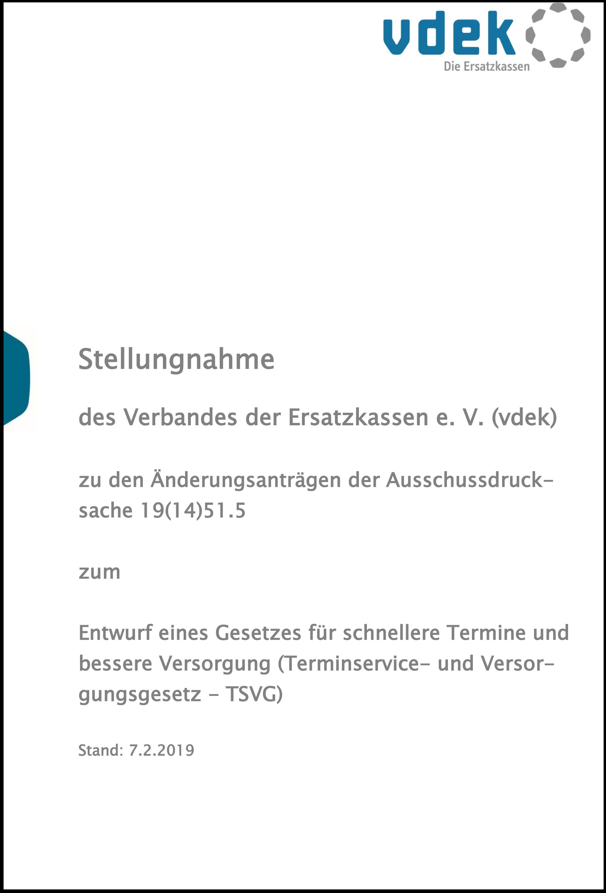 Cover vdek-Stellungnahme 2. TSVG-Anhörung