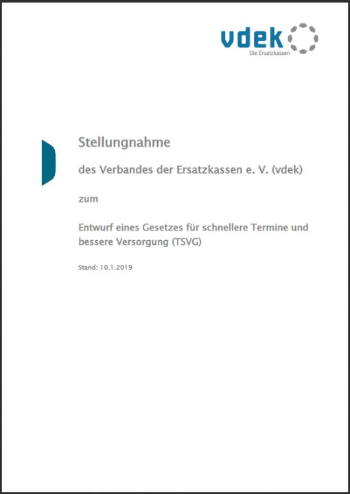 Cover vdek-Stellungnahme zum Kabinettsentwurf eines Gesetzes für schnellere Termine und bessere Versorgung (TSVG) Cover vdek-Stellungnahme zum Kabinettsentwurf eines Gesetzes für schnellere Termine und bessere Versorgung (TSVG)
