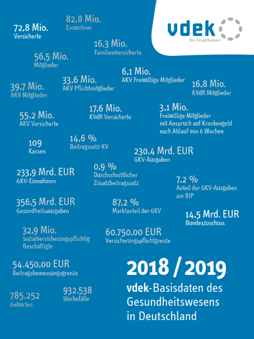 Cover vdek-Basisdaten 2018-2019: verschiedene Zahlen des Gesundheitswesens auf blauem Hintergrund