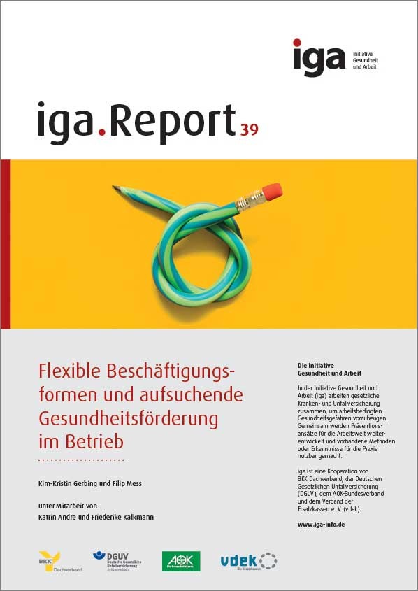 Titelblatt iga-Report 39: Flexible Beschäftigungsformen und aufsuchende Gesundheitsförderung im Betrieb, flexibler Bleistift