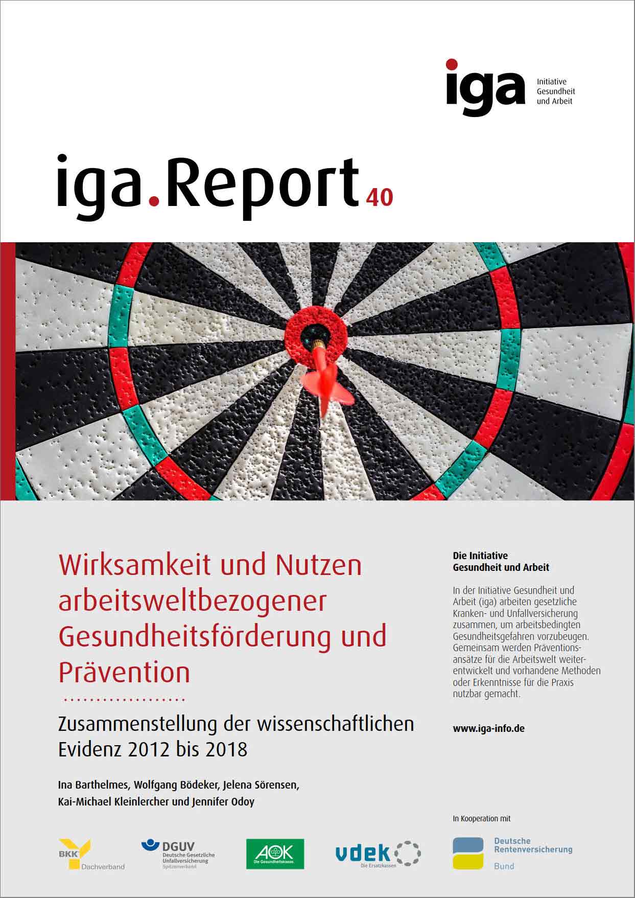 Titelblatt iga-Report 40: Wirksamkeit und Nutzen arbeitsweltbezogener Gesundheitsförderung und Prävention, Motiv: Dartscheibe mit Pfeil in Mitte 