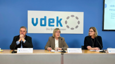 vdek-Verbandsvorsitzender Uwe Klemens, vdek-Vorstandsvorsitzende Ulrike Elsner und vdek-Pressesprecherin Michaela Gottfried (v. l. n. r.)