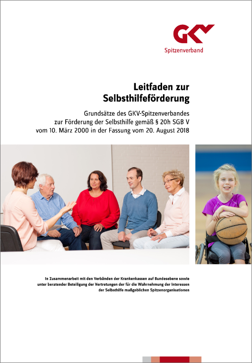 Titelblatt Leitfaden zur Selbsthilfeförderung, Erwachsene in Gesprächsrunde, daneben Kind mit Ball